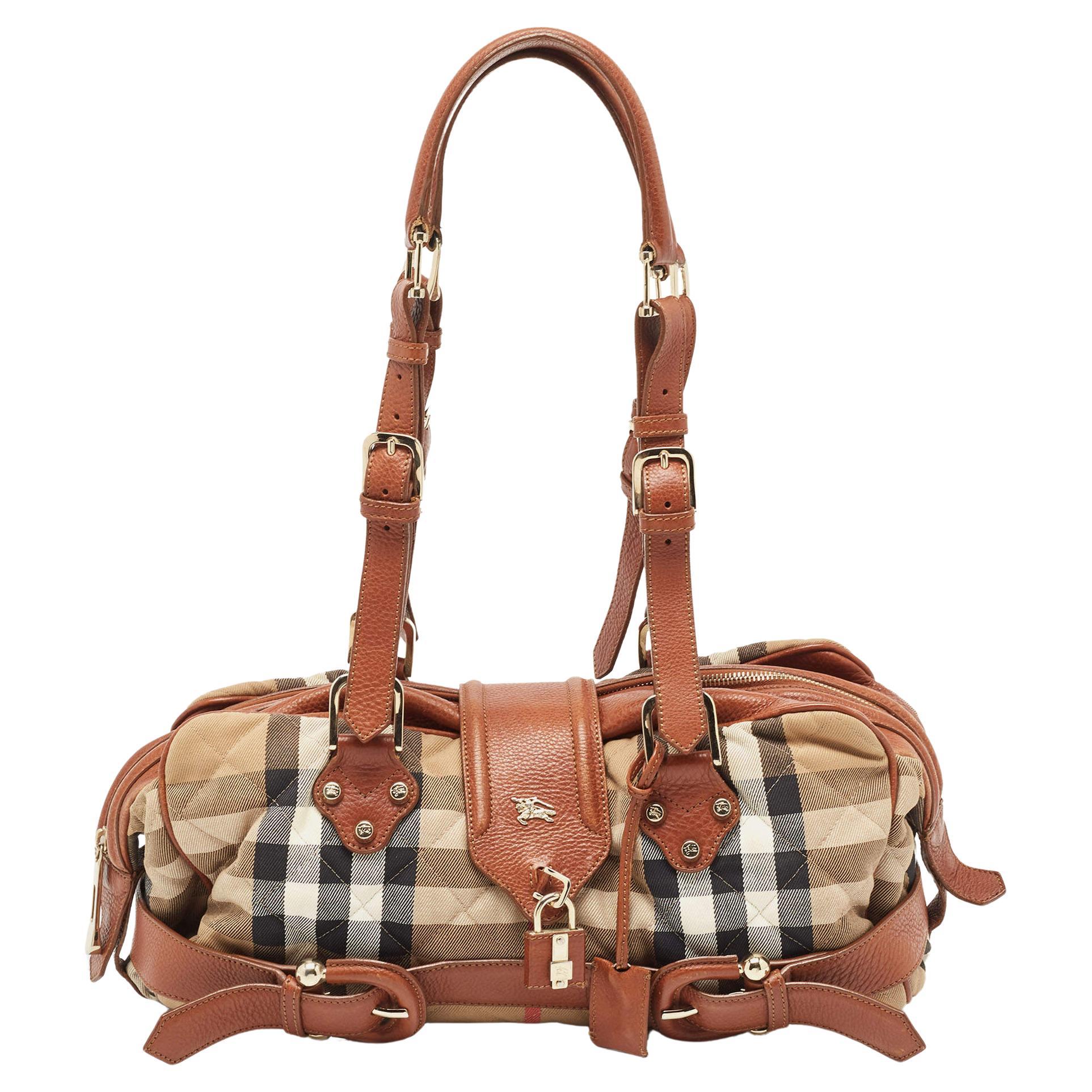 Burberry Brown/Beige Quilted House Check Canvas and Leather Buckle Satchel For Sale