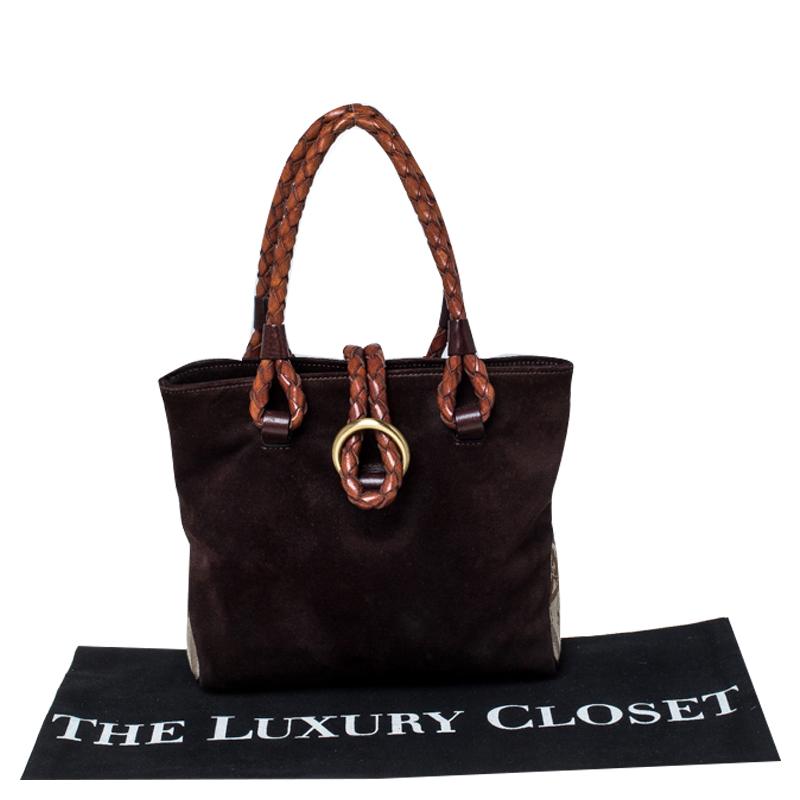 Burberry Brown/Beige Suede, Canvas and Leather Braided Handle Tote 6