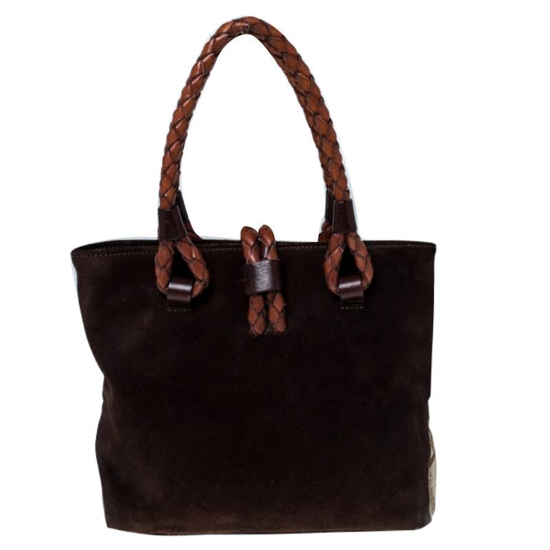 Burberry Brown/Beige Suede, Canvas and Leather Braided Handle Tote 4
