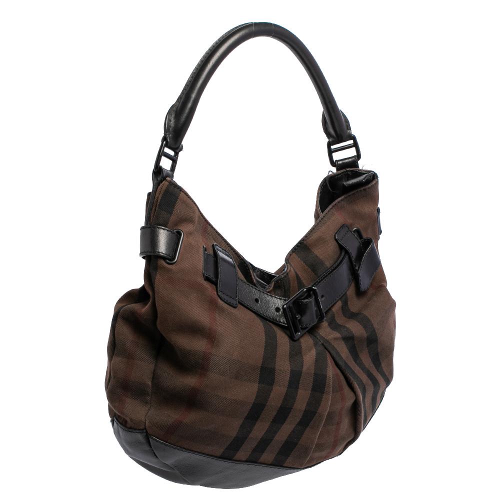 Women's Burberry Brown/Black Check Canvas and Leather Buckle Hobo