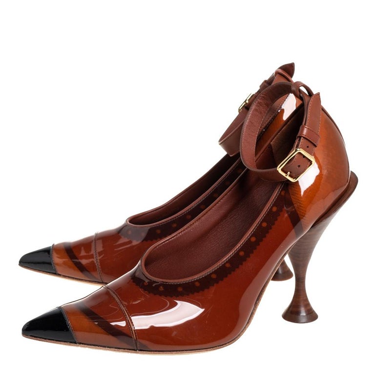 Burberry Brown/Black Patent Leather Brecon Ankle Strap Pumps Size 39 ...