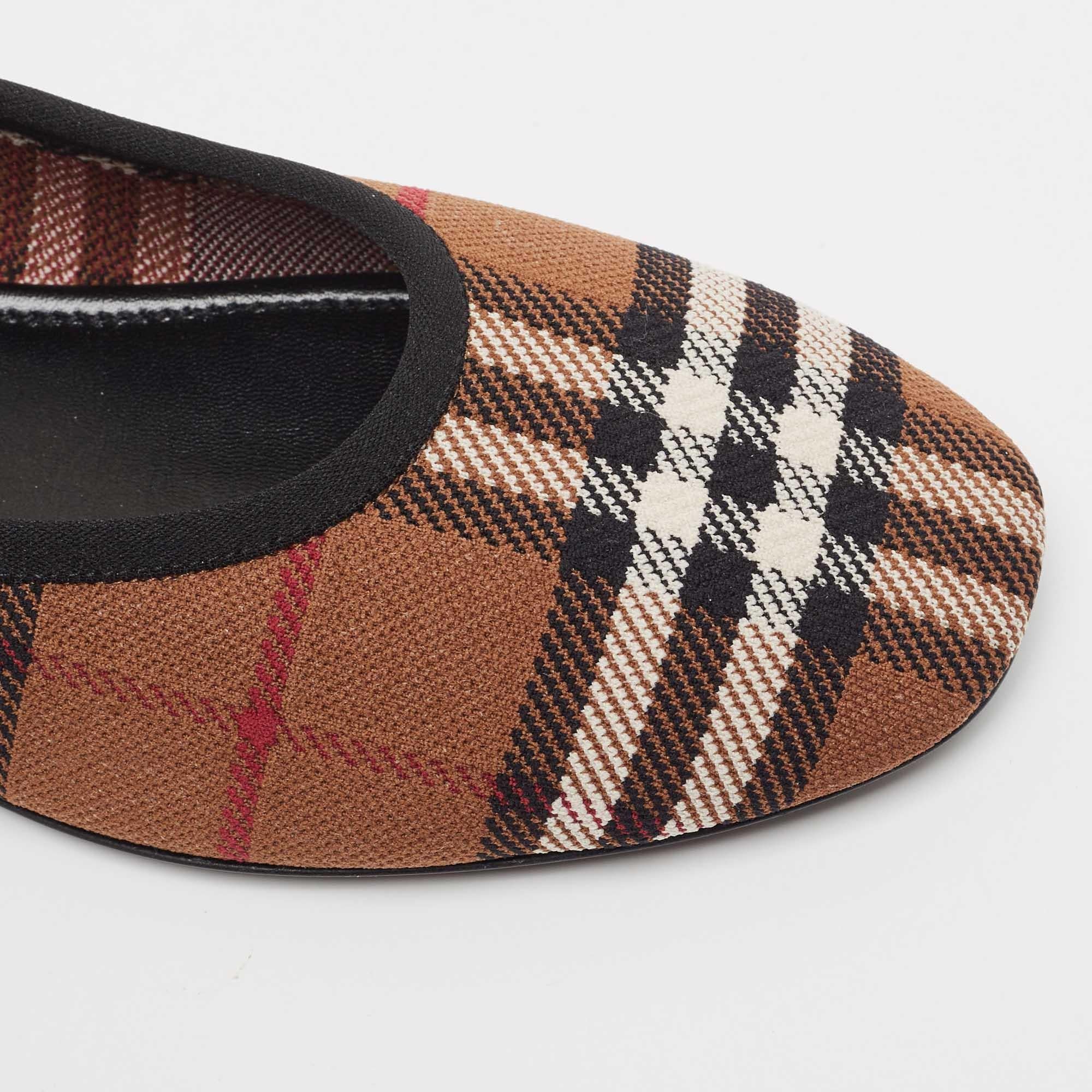Burberry Brown Check Knit Fabric Ralf Ballet Flats Size 41 2