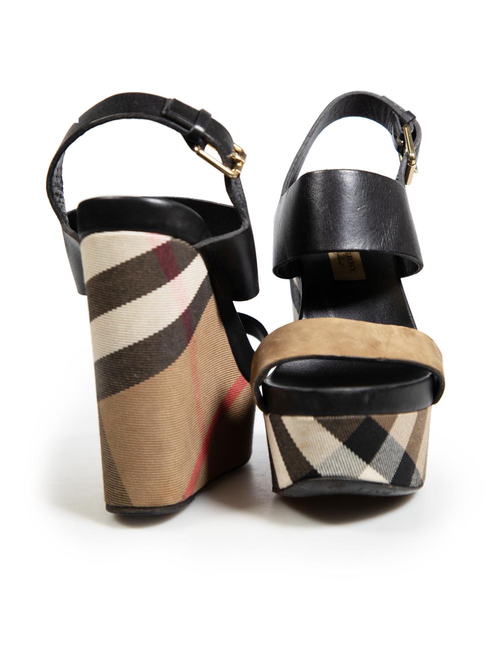 Burberry Brown Check Leather Wedge Sandals Size IT 37 In Good Condition In London, GB