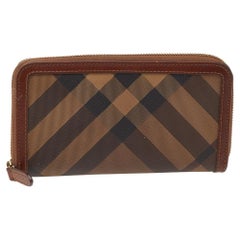 Used Burberry Brown Coated Canvas And Leather Smoked Check Zip Around Wallet