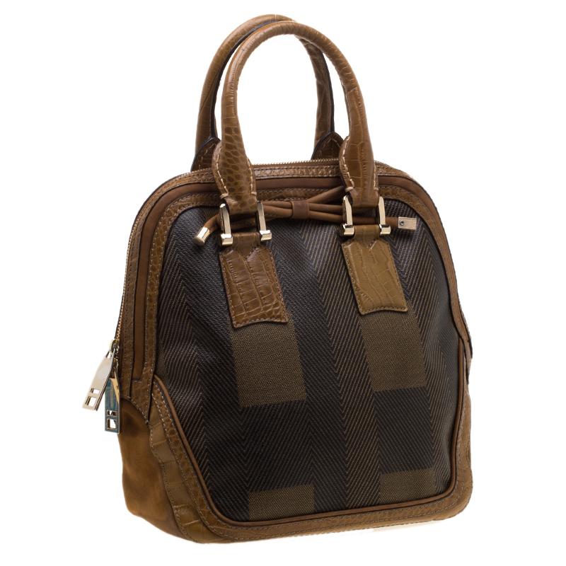 Burberry Brown Coated Canvas/Nubuck and Leather Satchel In Excellent Condition In Dubai, Al Qouz 2