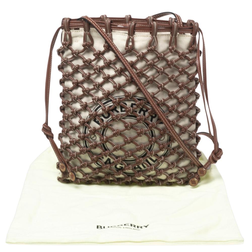 Burberry Brown/Cream Woven Leather Drawstring Bag 6