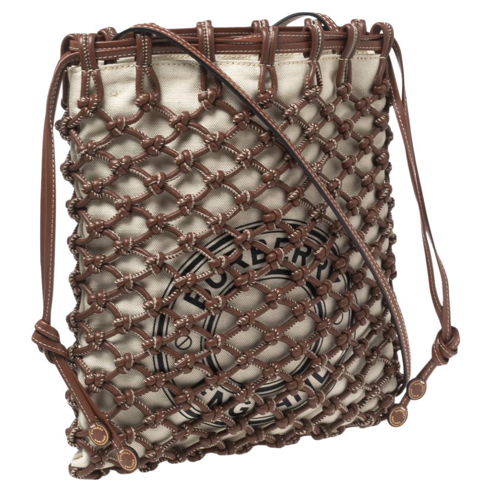 Women's Burberry Brown/Cream Woven Leather Drawstring Bag