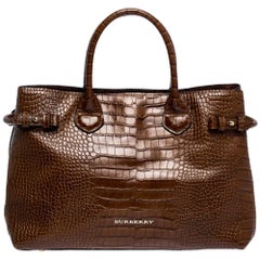 Burberry Brown Croc Embossed Leather and House Check Canvas Medium Banner Tote