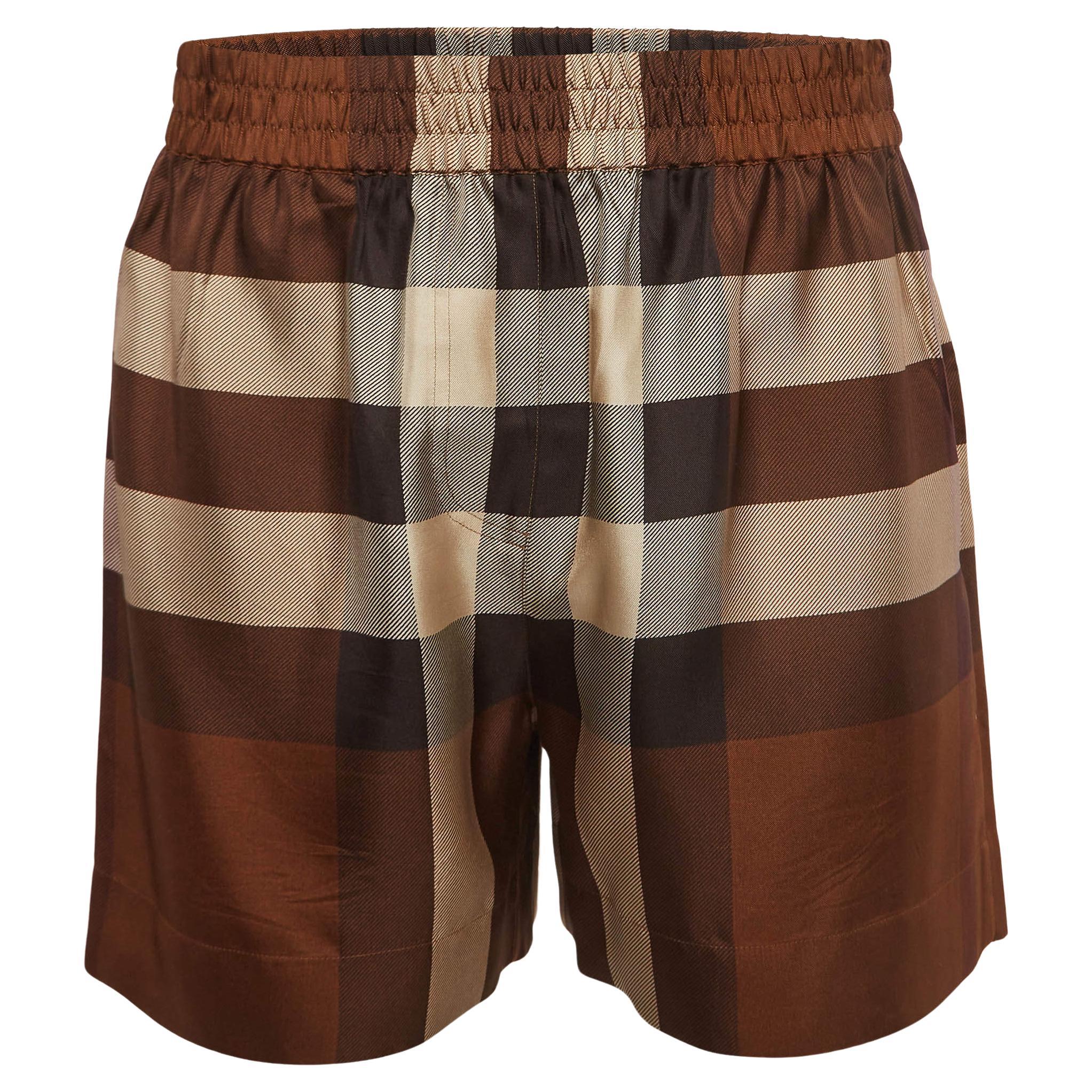 Burberry Brown Exploded Checked Silk Elasticated Waist Shorts M For Sale