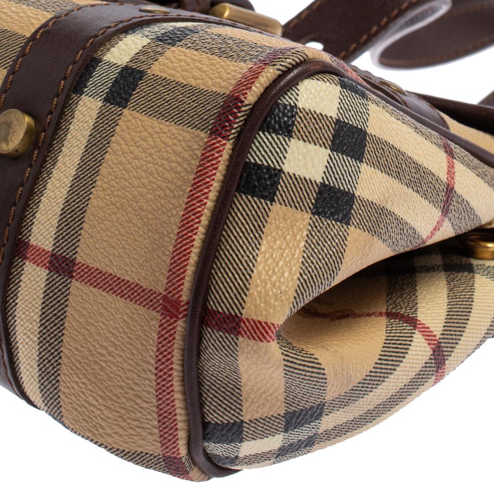 Burberry Brown Haymarket Check Coated Canvas and Leather Flap Shoulder Bag In Fair Condition In Dubai, Al Qouz 2