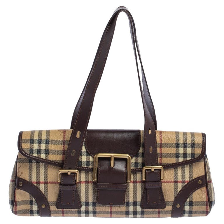 Burberry Brown Haymarket Check Coated Canvas and Leather Flap Shoulder Bag  For Sale at 1stDibs