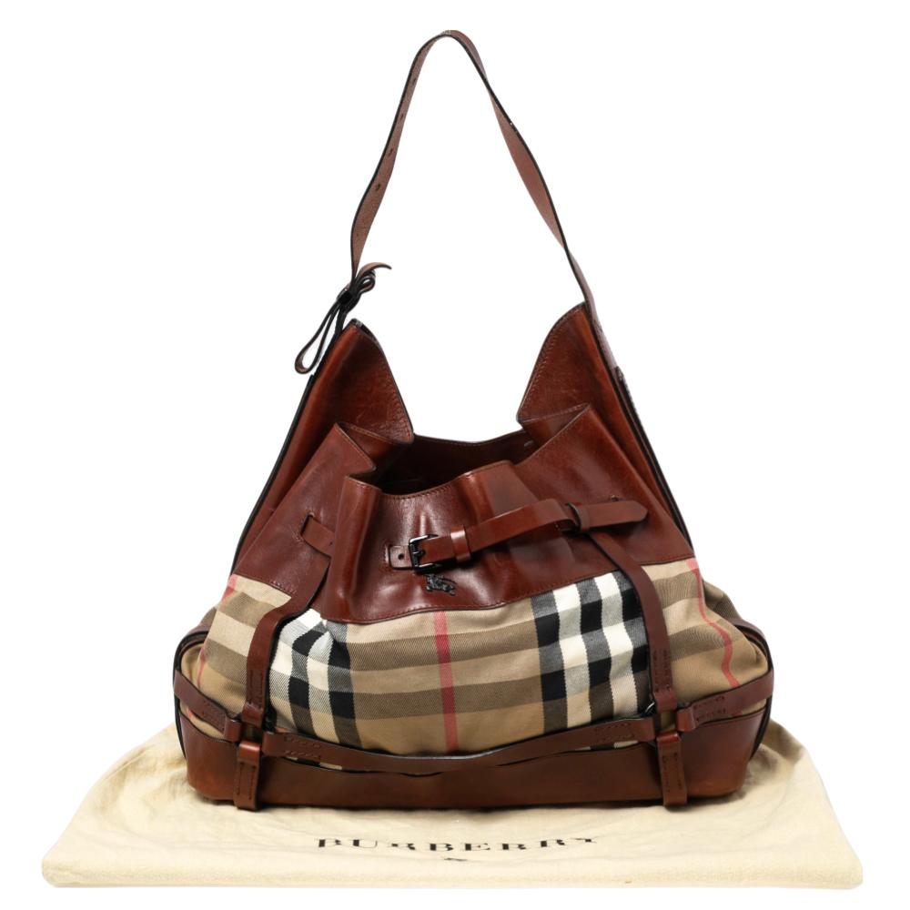 Burberry Brown House Check Canvas and Leather Bridle Hobo 8