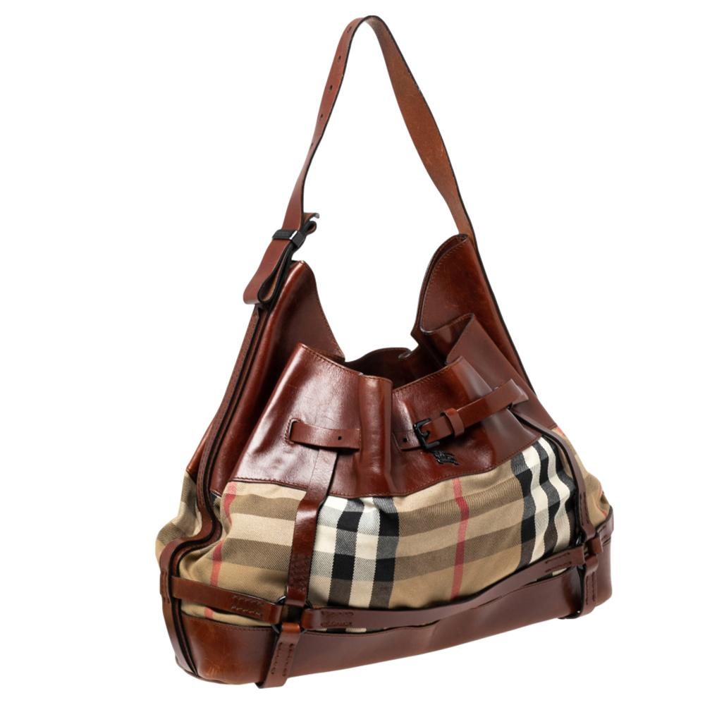 Women's Burberry Brown House Check Canvas and Leather Bridle Hobo