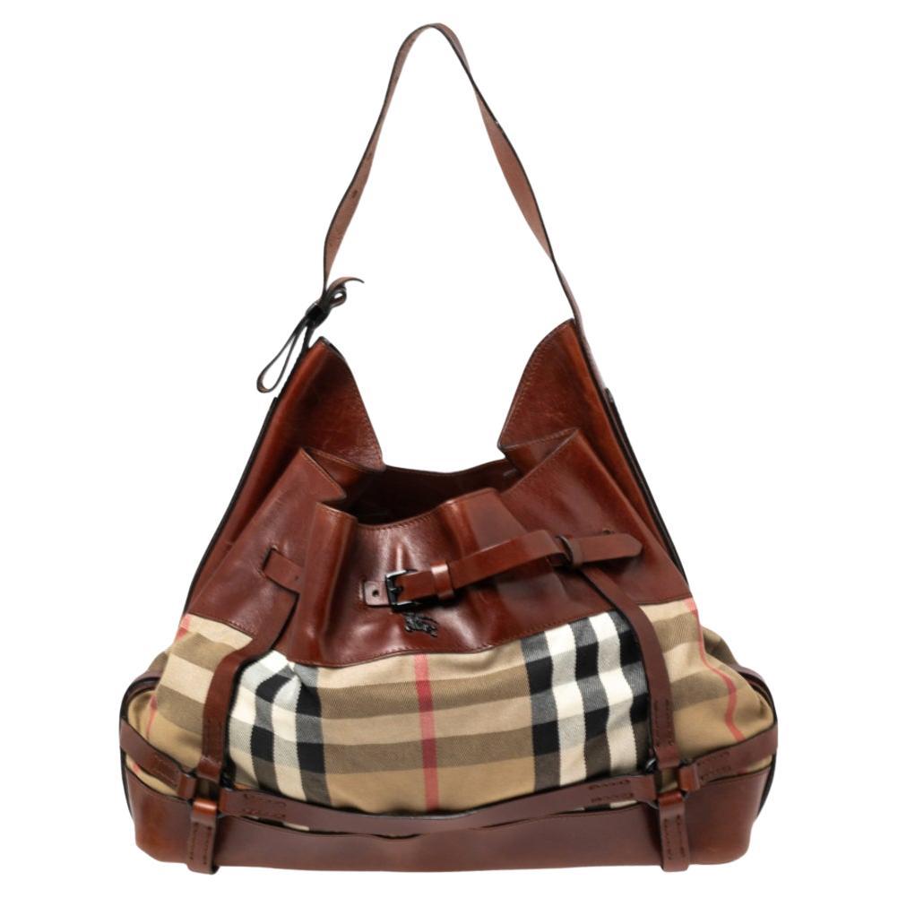 Burberry Brown House Check Canvas and Leather Bridle Hobo