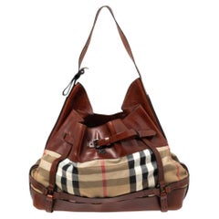 Burberry Brown House Check Canvas and Leather Bridle Hobo
