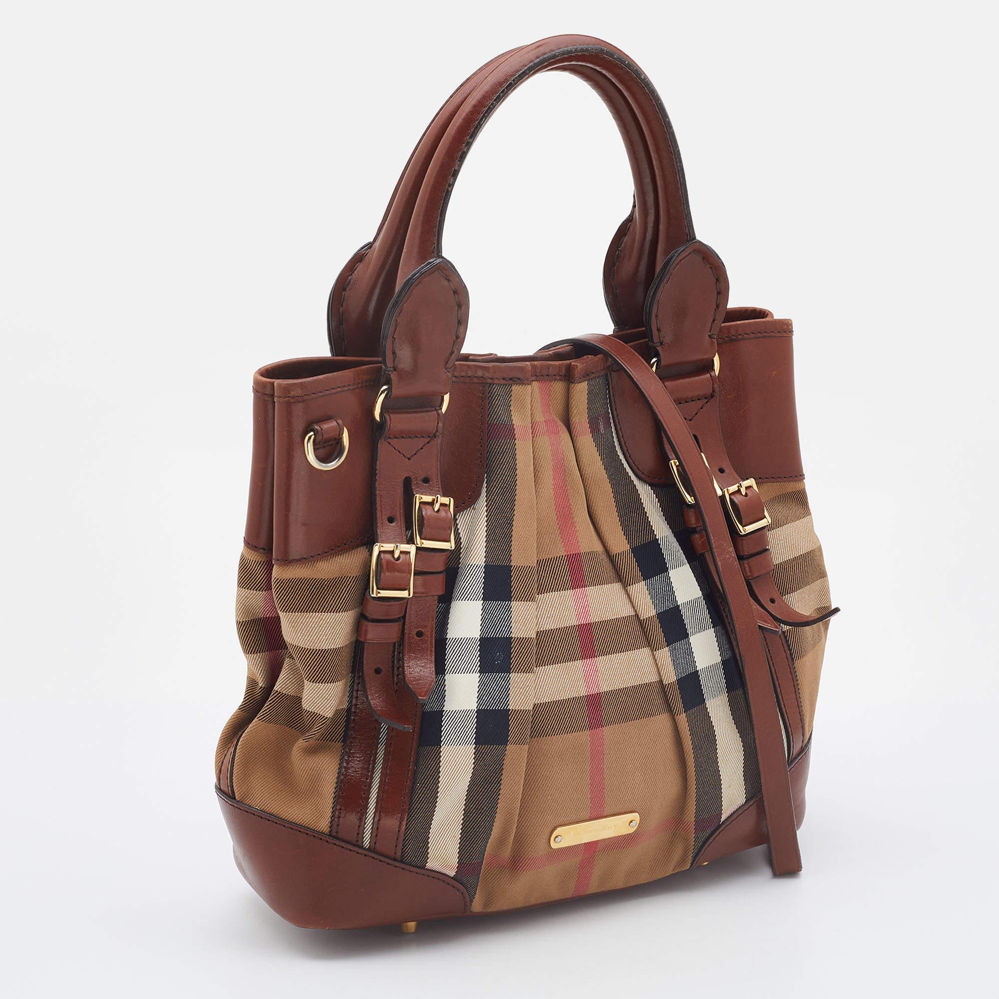 Burberry Brown House Check Canvas and Leather Bridle Whipstitch Tote In Fair Condition In Dubai, Al Qouz 2