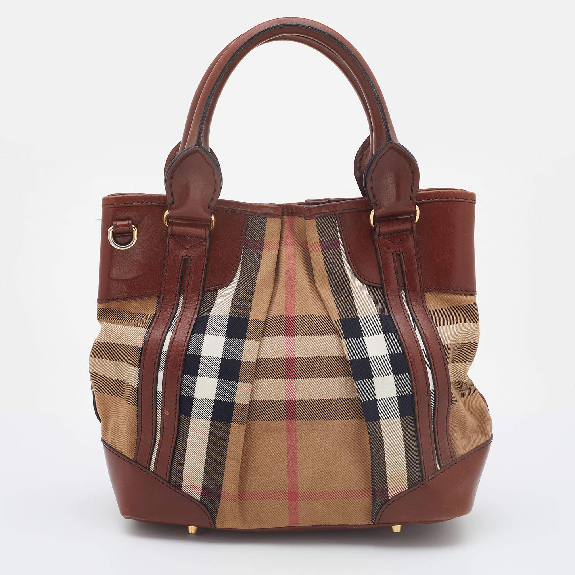 Women's Burberry Brown House Check Canvas and Leather Bridle Whipstitch Tote
