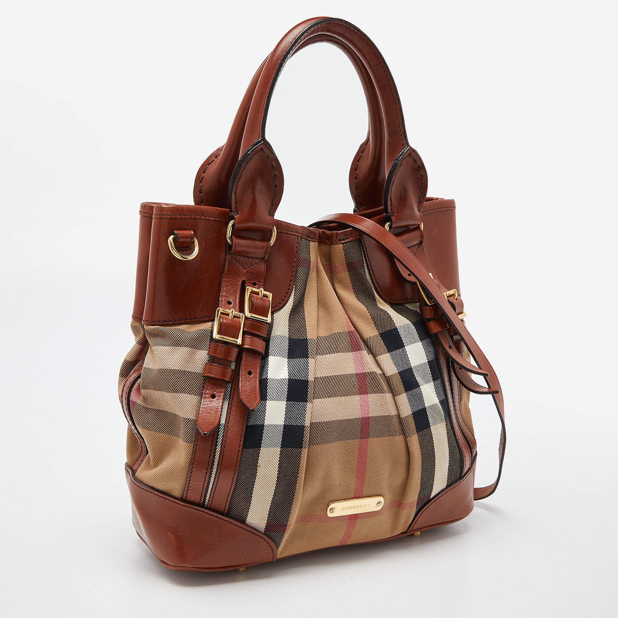 Burberry Brown House Check Canvas and Leather Bridle Whipstitch Tote 1