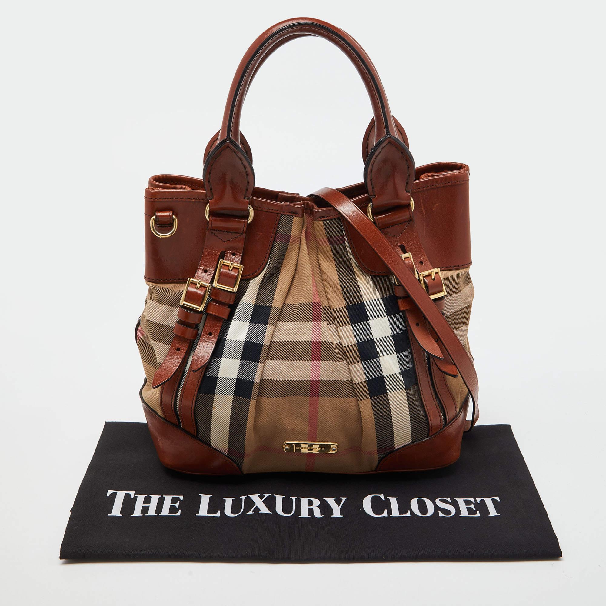 Burberry Brown House Check Canvas and Leather Bridle Whipstitch Tote 5