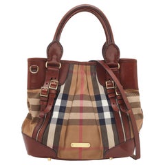 Burberry Brown House Check Canvas and Leather Bridle Whipstitch Tote