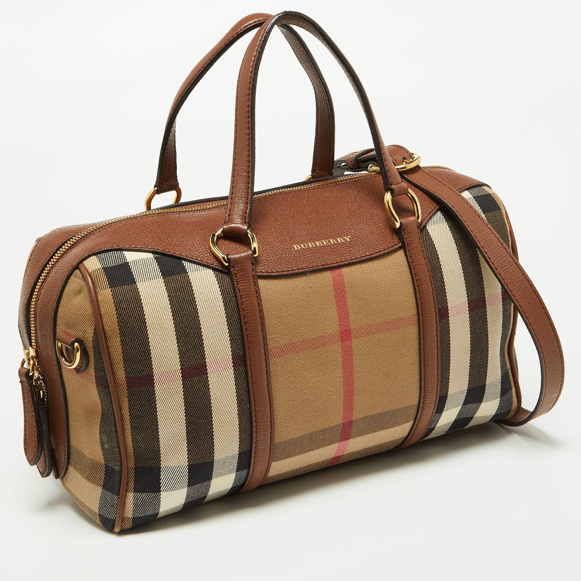 Burberry Brown House Check Canvas and Leather Medium Alchester Bowler Bag In Good Condition In Dubai, Al Qouz 2
