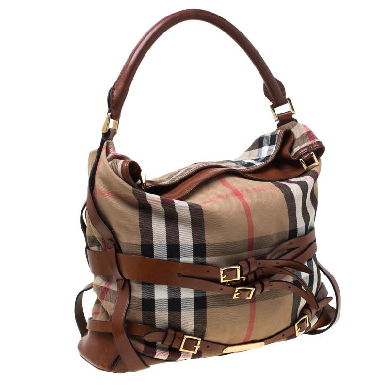 Burberry Brown House Check Canvas and Leather Medium Bridle Gosford Hobo 4