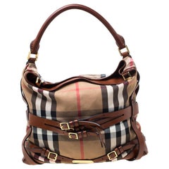 Burberry Brown House Check Canvas and Leather Medium Bridle Gosford Hobo