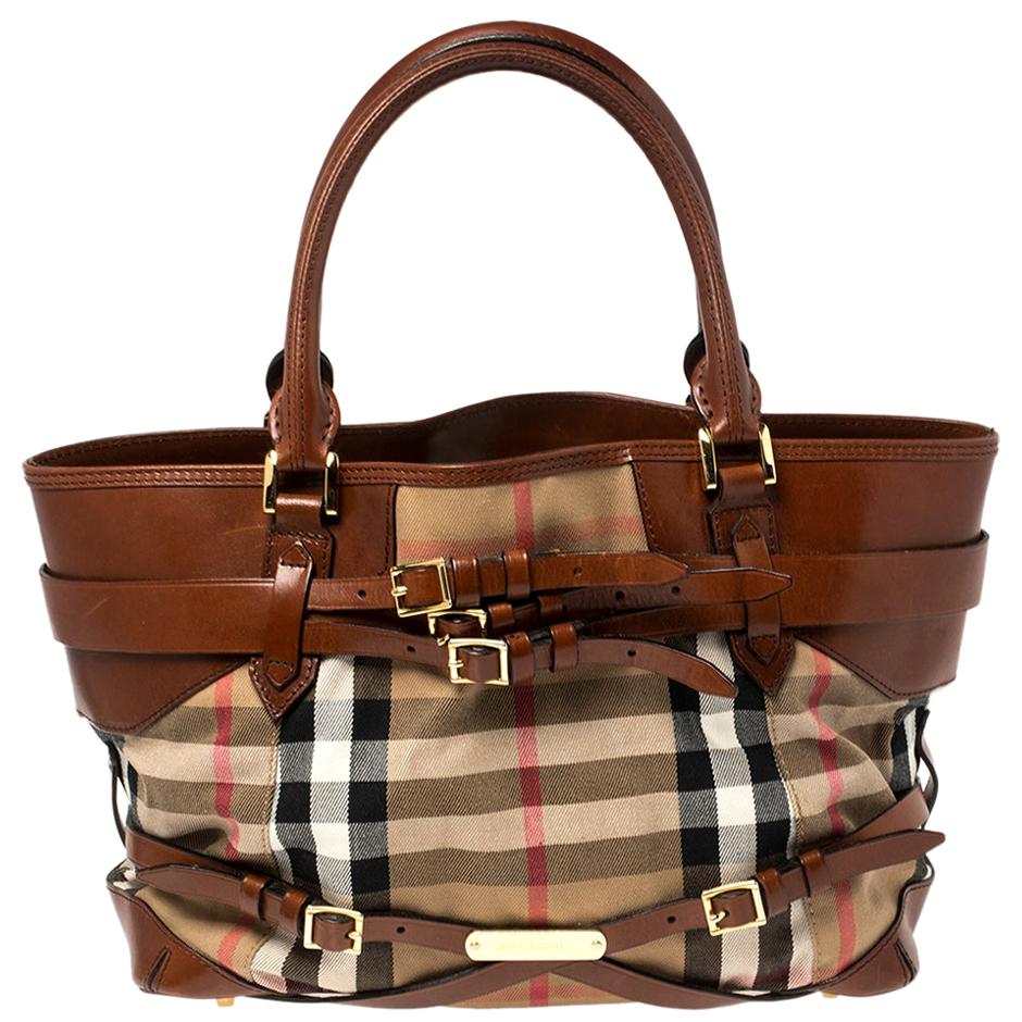 Burberry Brown House Check Canvas And Leather Medium Bridle Lynher Tote