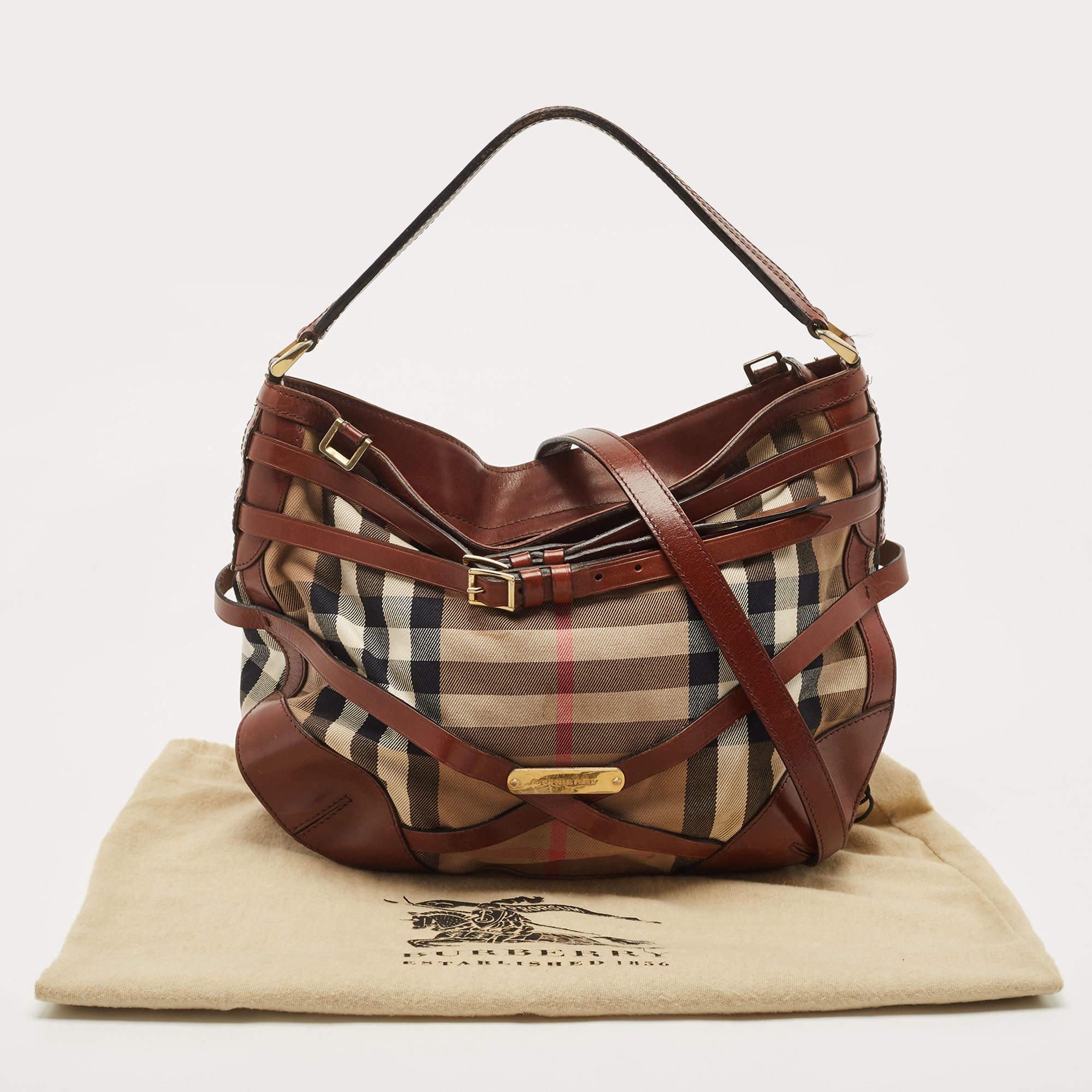 Burberry Brown House Check Canvas and Leather Small Bridle Dutton Hobo 6