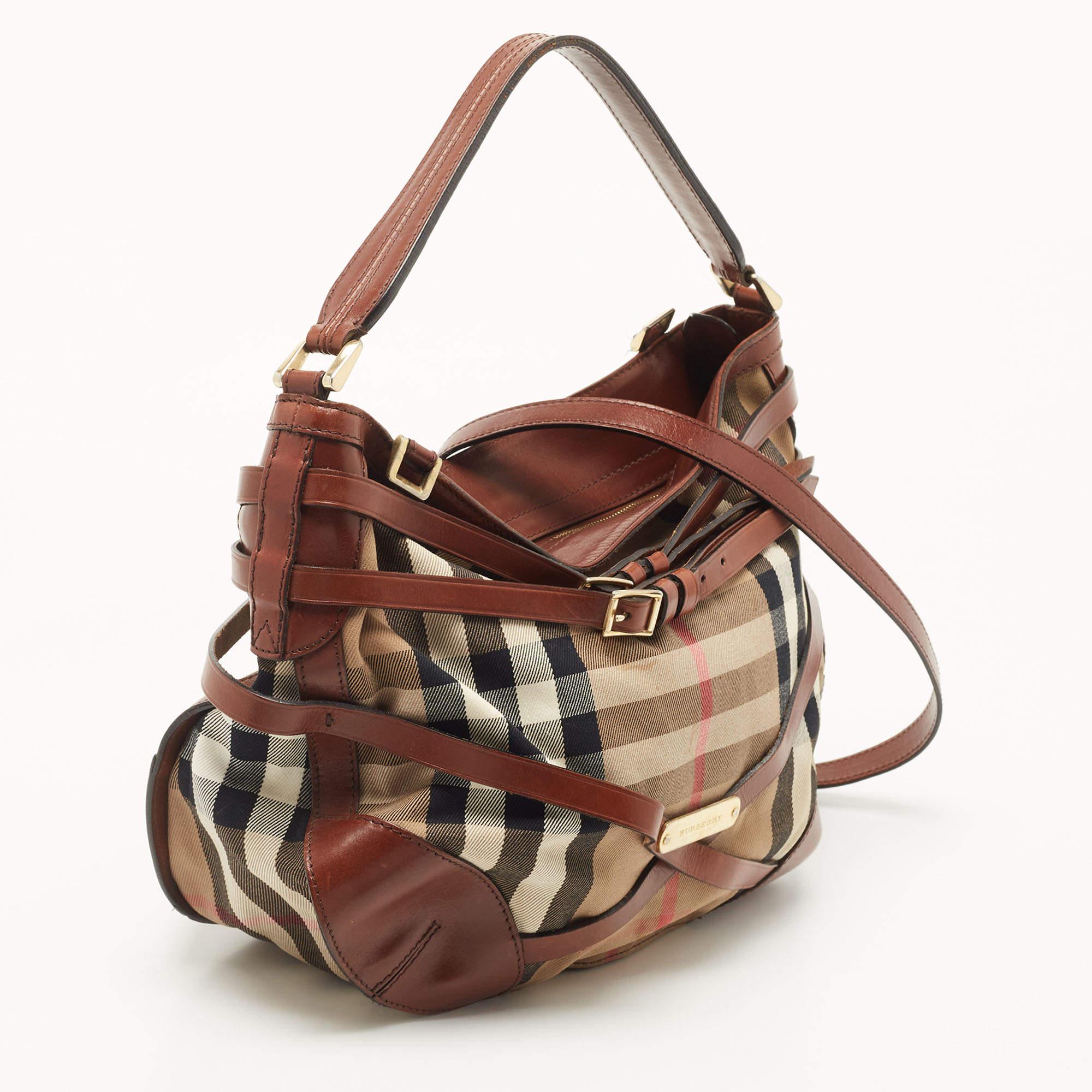 Women's Burberry Brown House Check Canvas and Leather Small Bridle Dutton Hobo