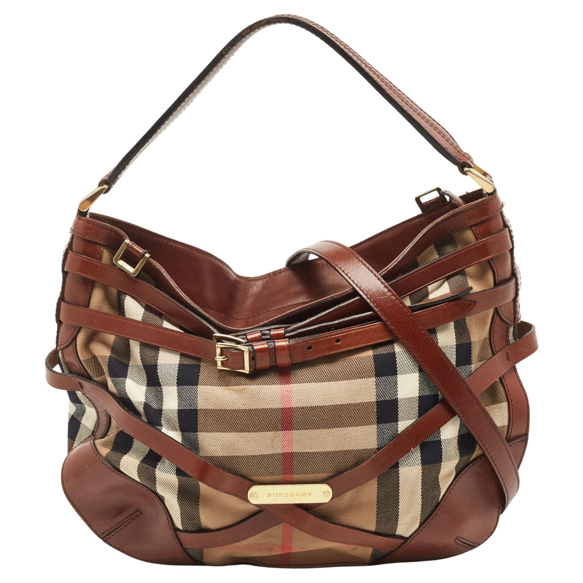 Burberry Brown House Check Canvas and Leather Small Bridle Dutton Hobo