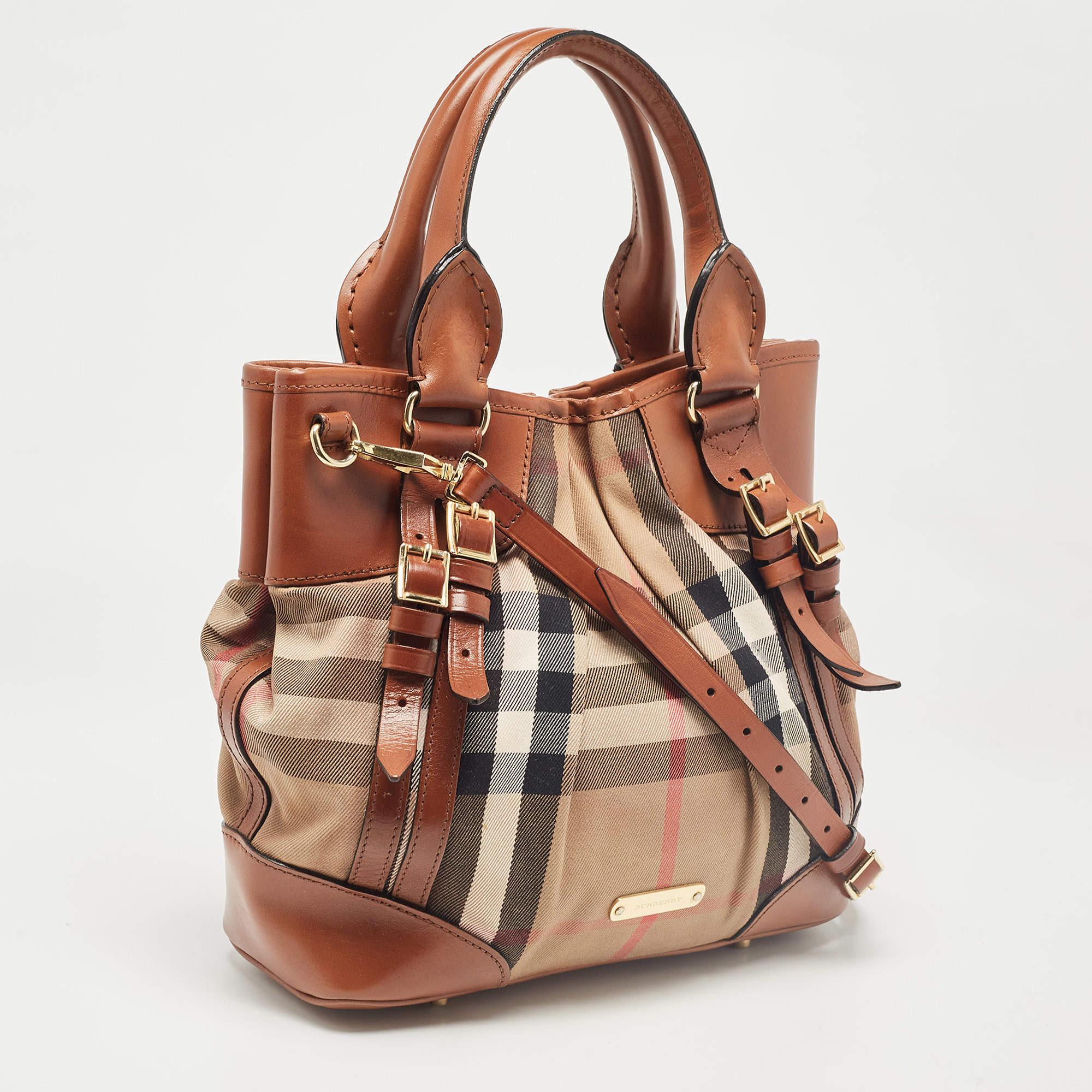 Burberry Brown House Check Fabric and Leather Bridle Tote In Good Condition In Dubai, Al Qouz 2