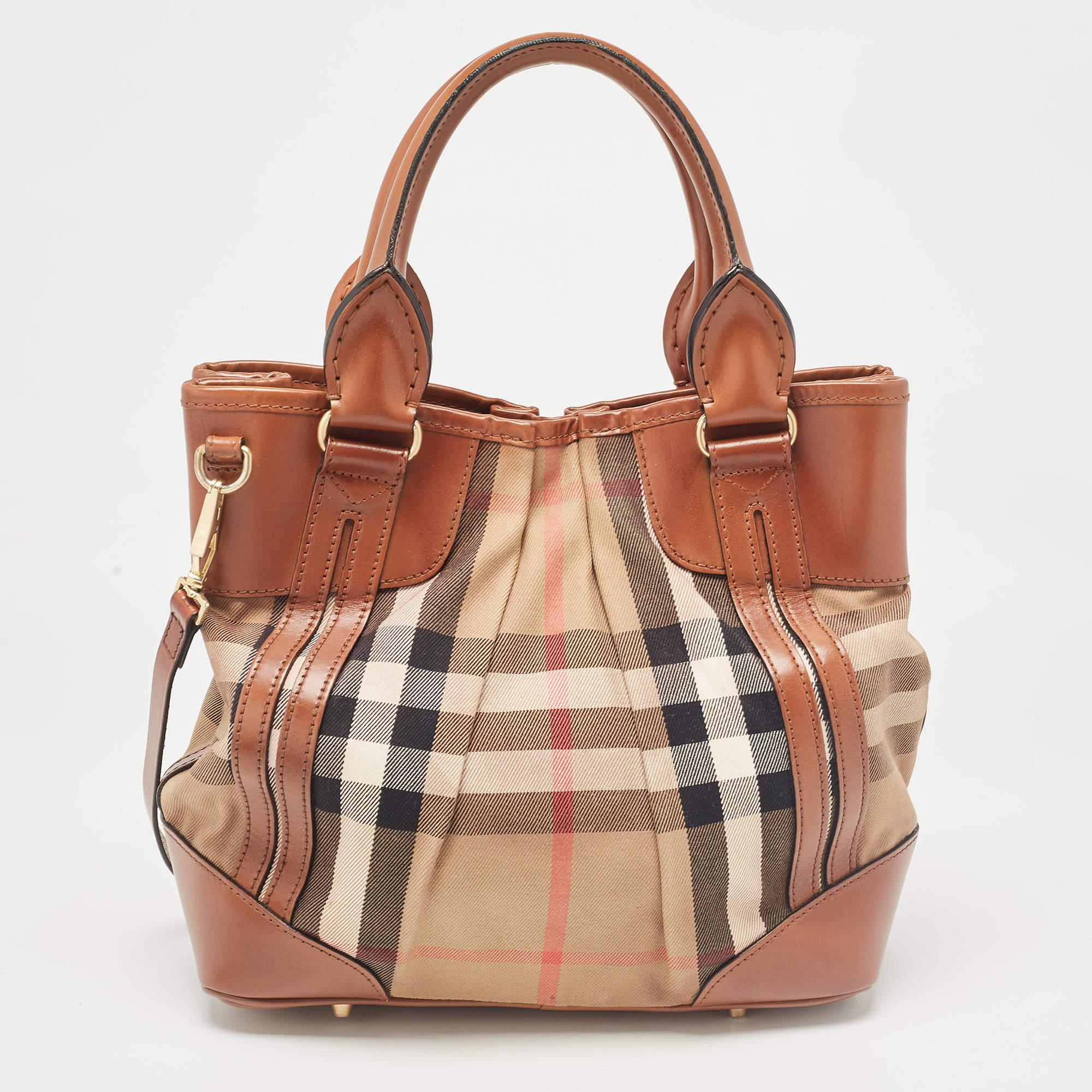Women's Burberry Brown House Check Fabric and Leather Bridle Tote