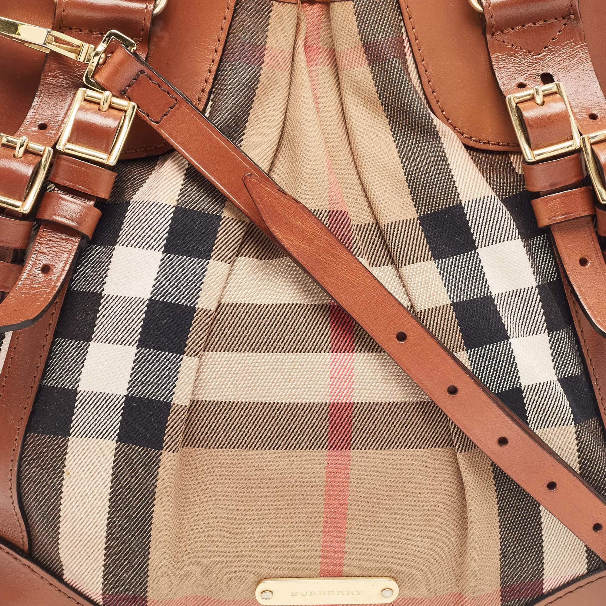 Burberry Brown House Check Fabric and Leather Bridle Tote 1