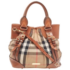 Burberry Brown House Check Fabric and Leather Bridle Tote