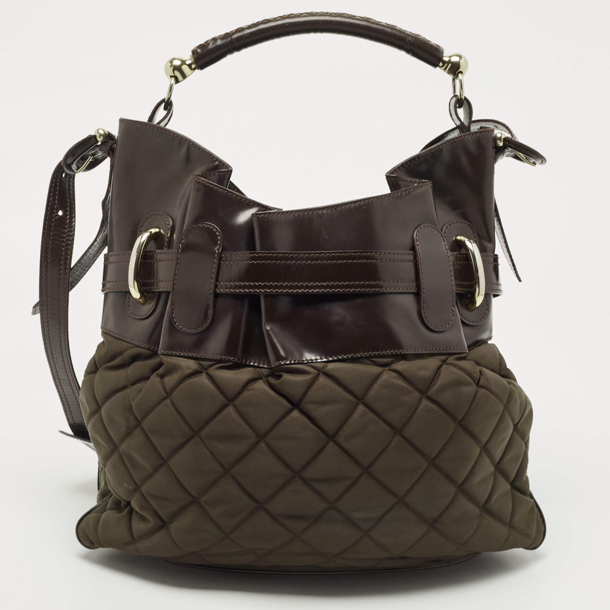 Black Burberry Brown/Khaki Quilted Nylon and Leather Bromley Hobo