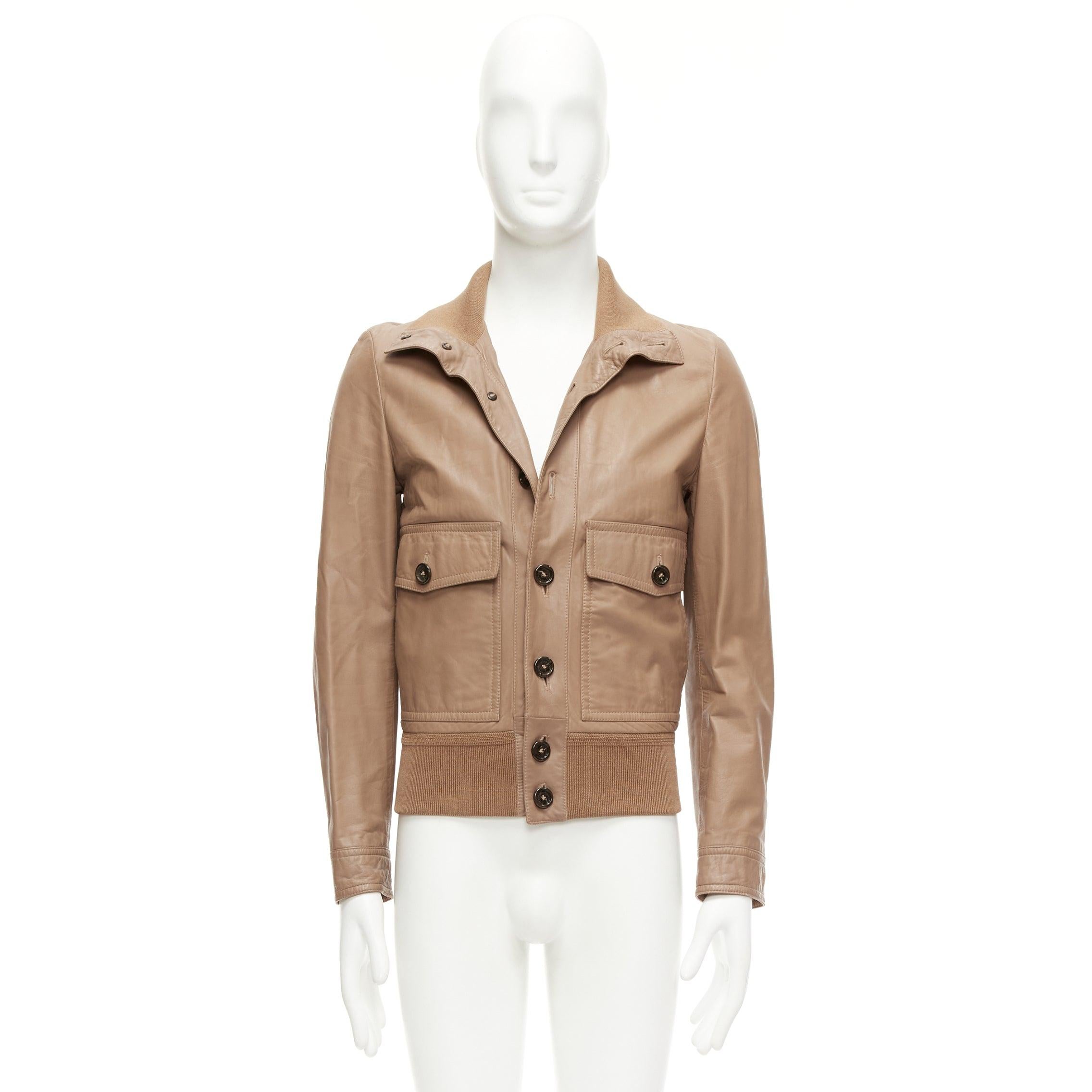BURBERRY brown lambskin leather ribbed hem collar aviator bomber jacket IT46 S For Sale 6