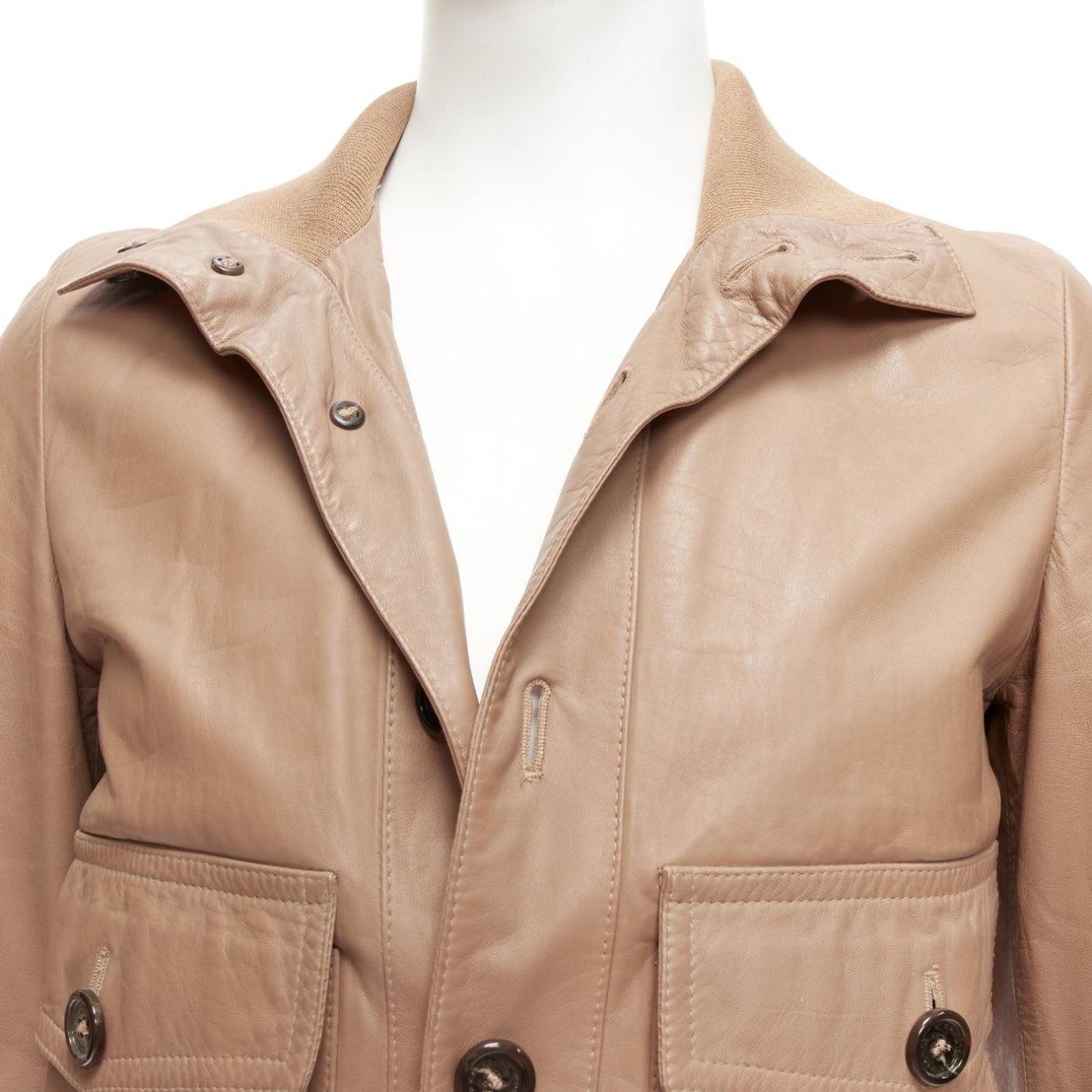 BURBERRY brown lambskin leather ribbed hem collar aviator bomber jacket IT46 S
Reference: MLCO/A00002
Brand: Burberry
Material: Leather
Color: Brown
Pattern: Solid
Closure: Button
Lining: Beige Fabric
Made in: Italy

CONDITION:
Condition: Good, this
