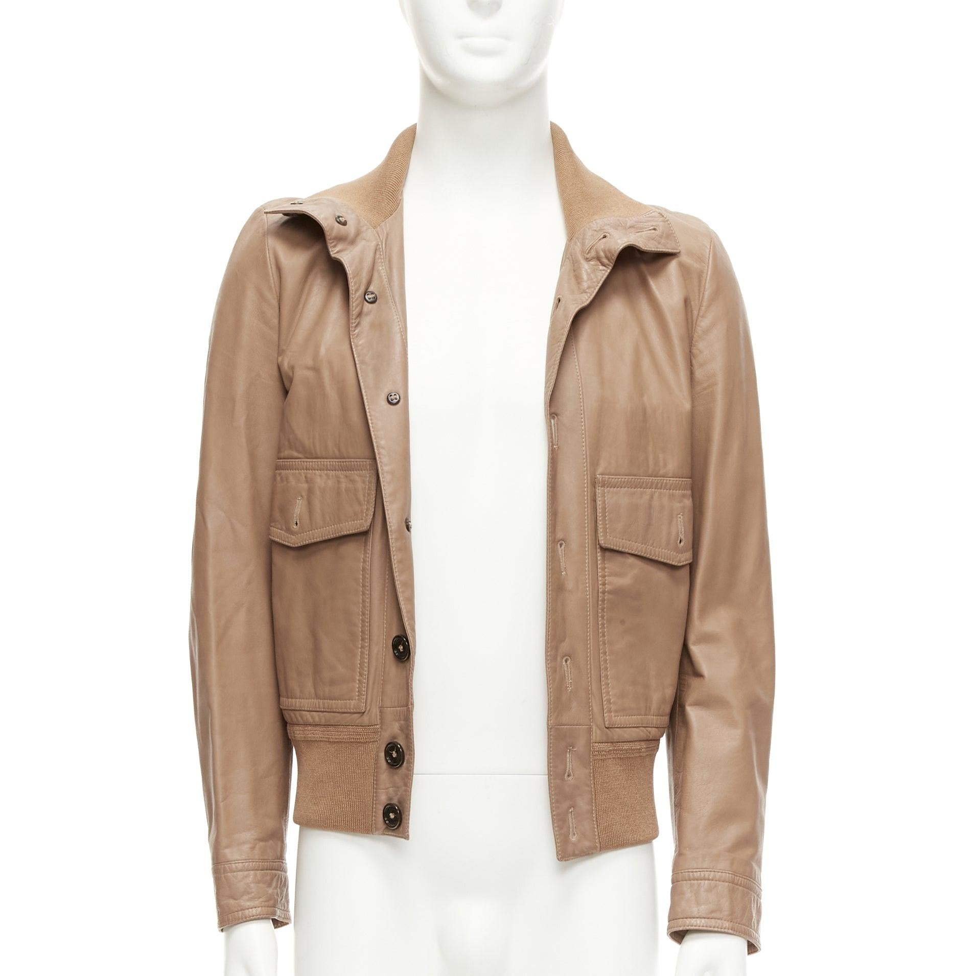 BURBERRY brown lambskin leather ribbed hem collar aviator bomber jacket IT46 S In Good Condition For Sale In Hong Kong, NT