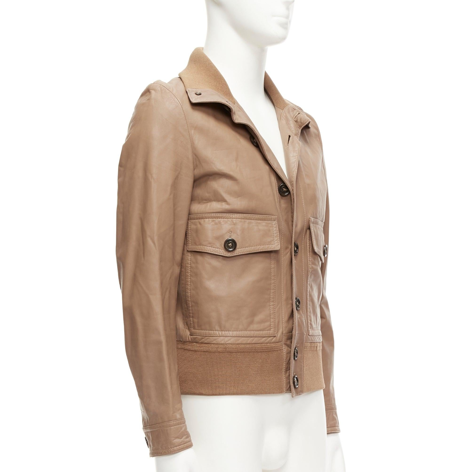 Men's BURBERRY brown lambskin leather ribbed hem collar aviator bomber jacket IT46 S For Sale
