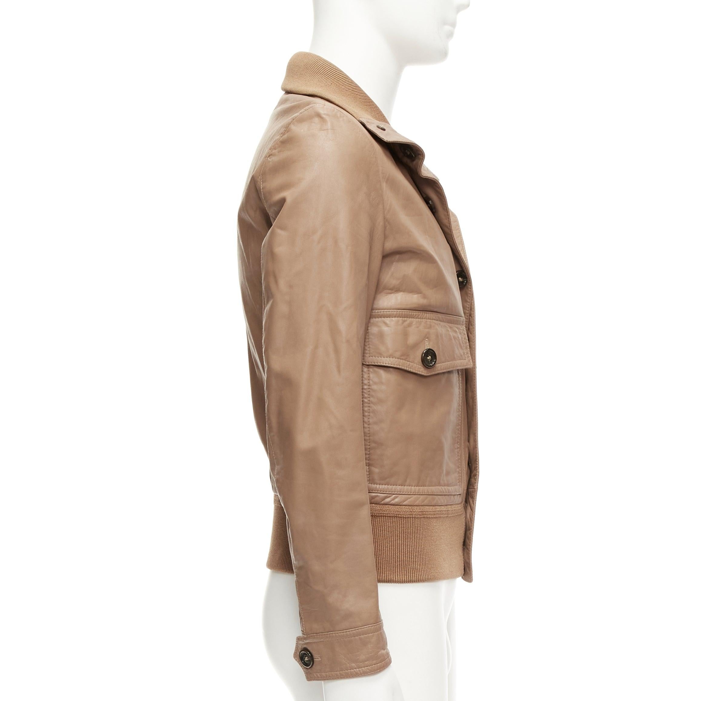 BURBERRY brown lambskin leather ribbed hem collar aviator bomber jacket IT46 S For Sale 1