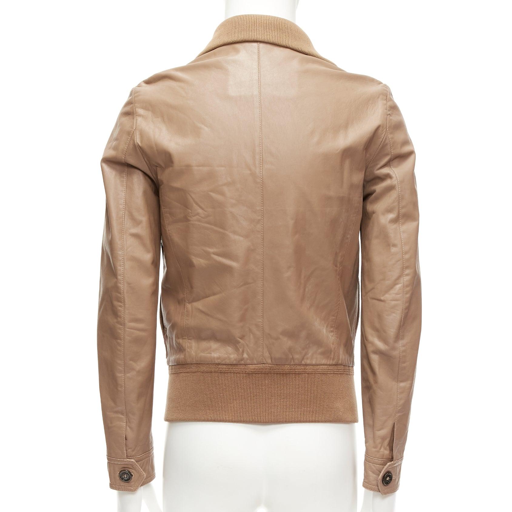 BURBERRY brown lambskin leather ribbed hem collar aviator bomber jacket IT46 S 1