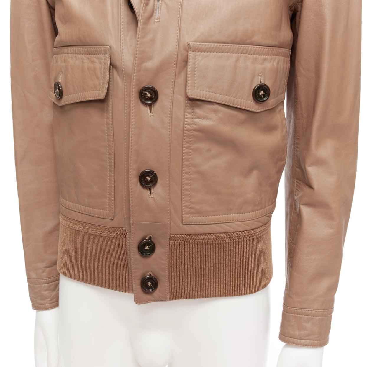 BURBERRY brown lambskin leather ribbed hem collar aviator bomber jacket IT46 S For Sale 4