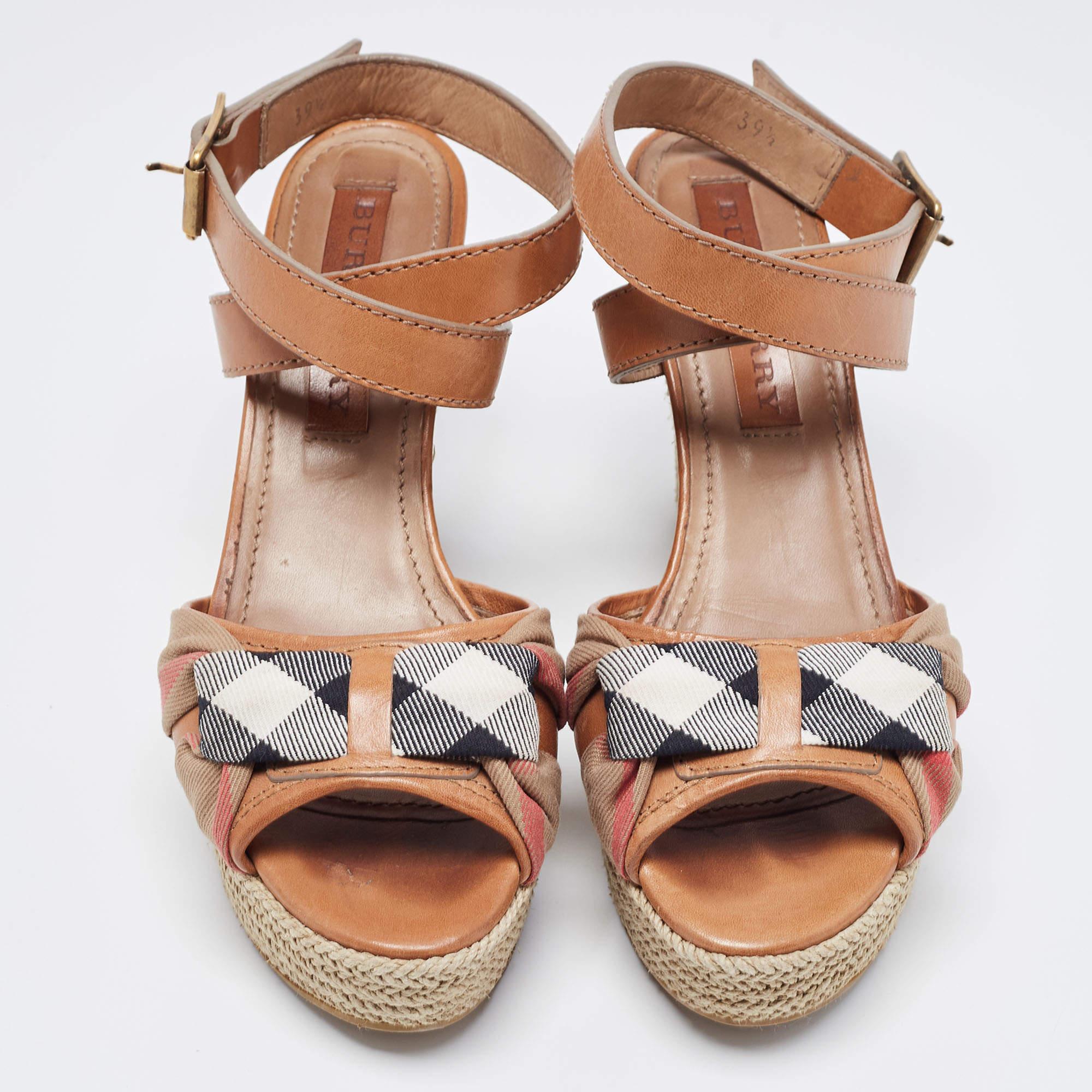 Burberry Brown Leather and Canvas Wedge Espadrilles Ankle Wrap Sandals Size 39.5 For Sale 2