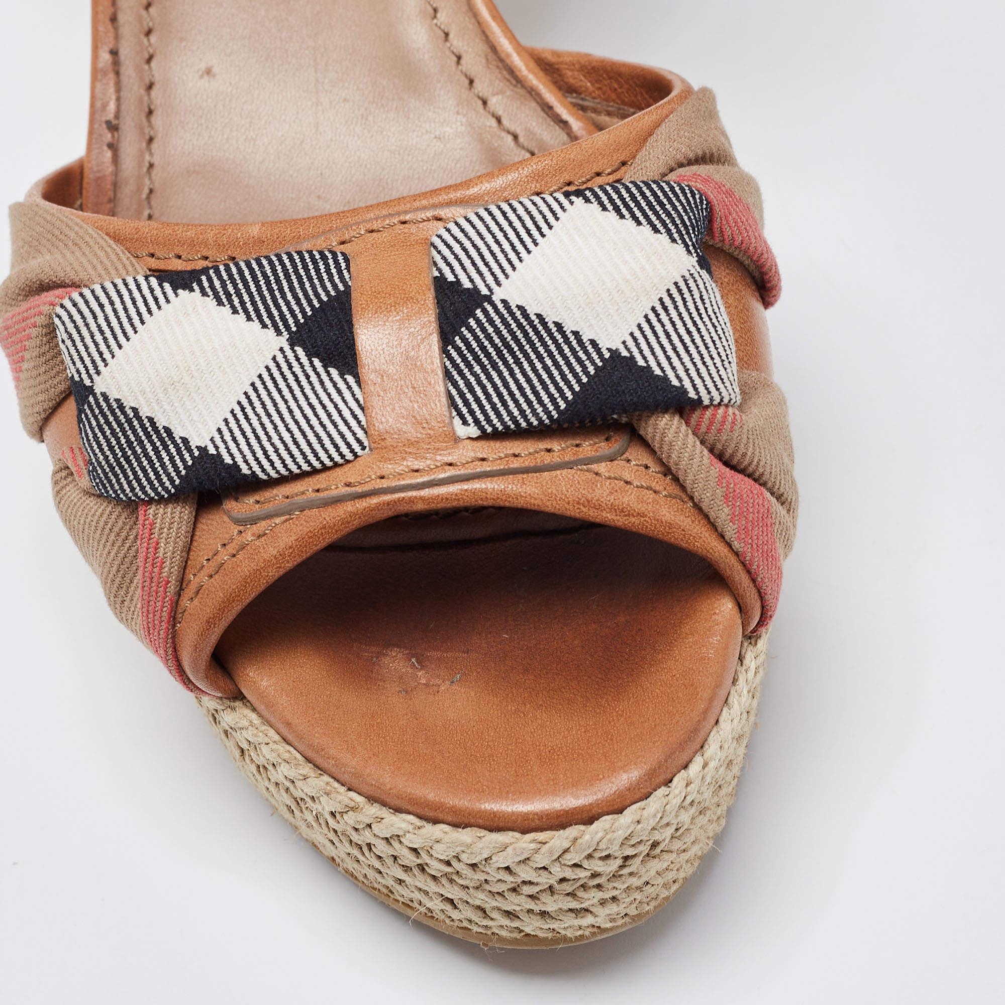 Burberry Brown Leather and Canvas Wedge Espadrilles Ankle Wrap Sandals Size 39.5 For Sale 4