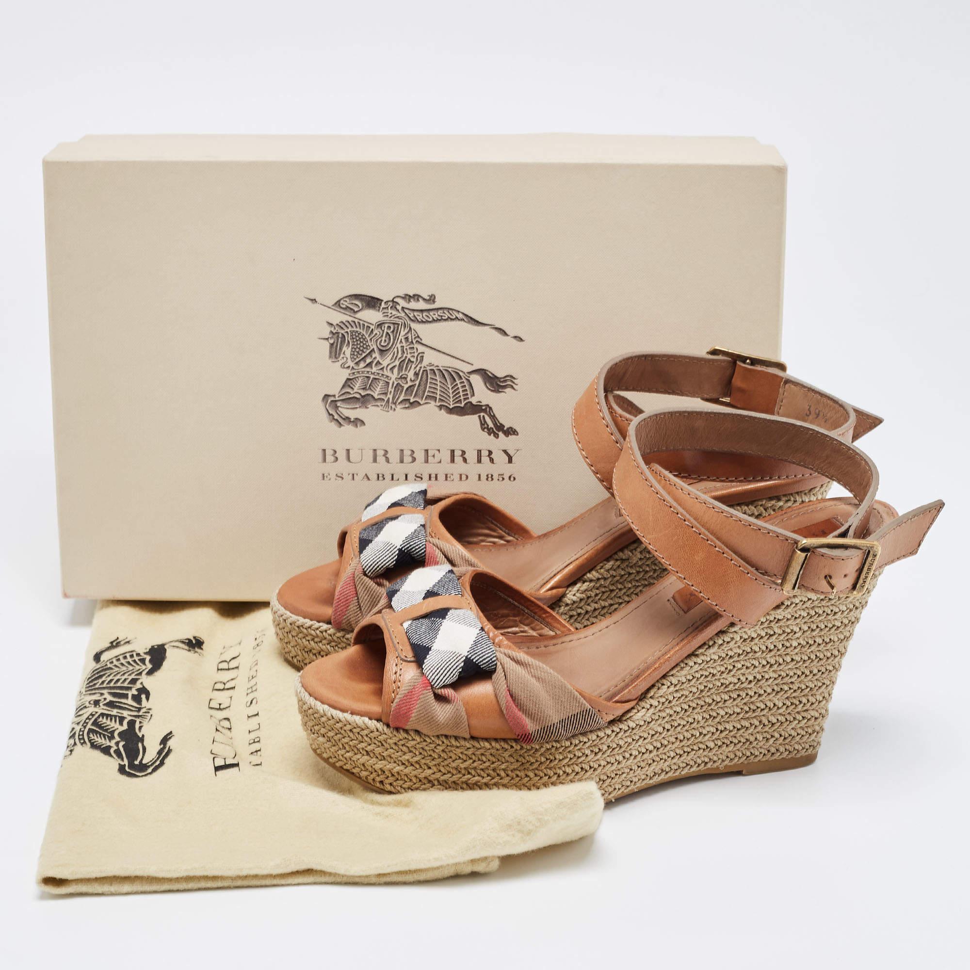 Burberry Brown Leather and Canvas Wedge Espadrilles Ankle Wrap Sandals Size 39.5 For Sale 5