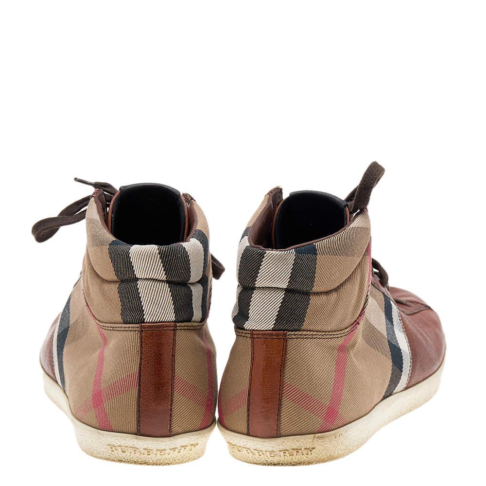 Burberry Brown Leather And Check Canvas High Top Sneakers Size 44 In Good Condition For Sale In Dubai, Al Qouz 2