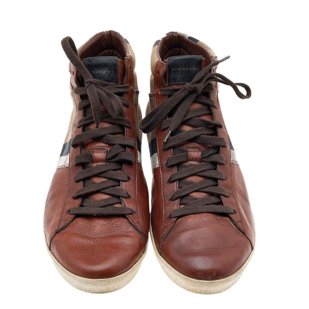 Burberry Brown Leather And Check Canvas High Top Sneakers Size 44 For Sale 1