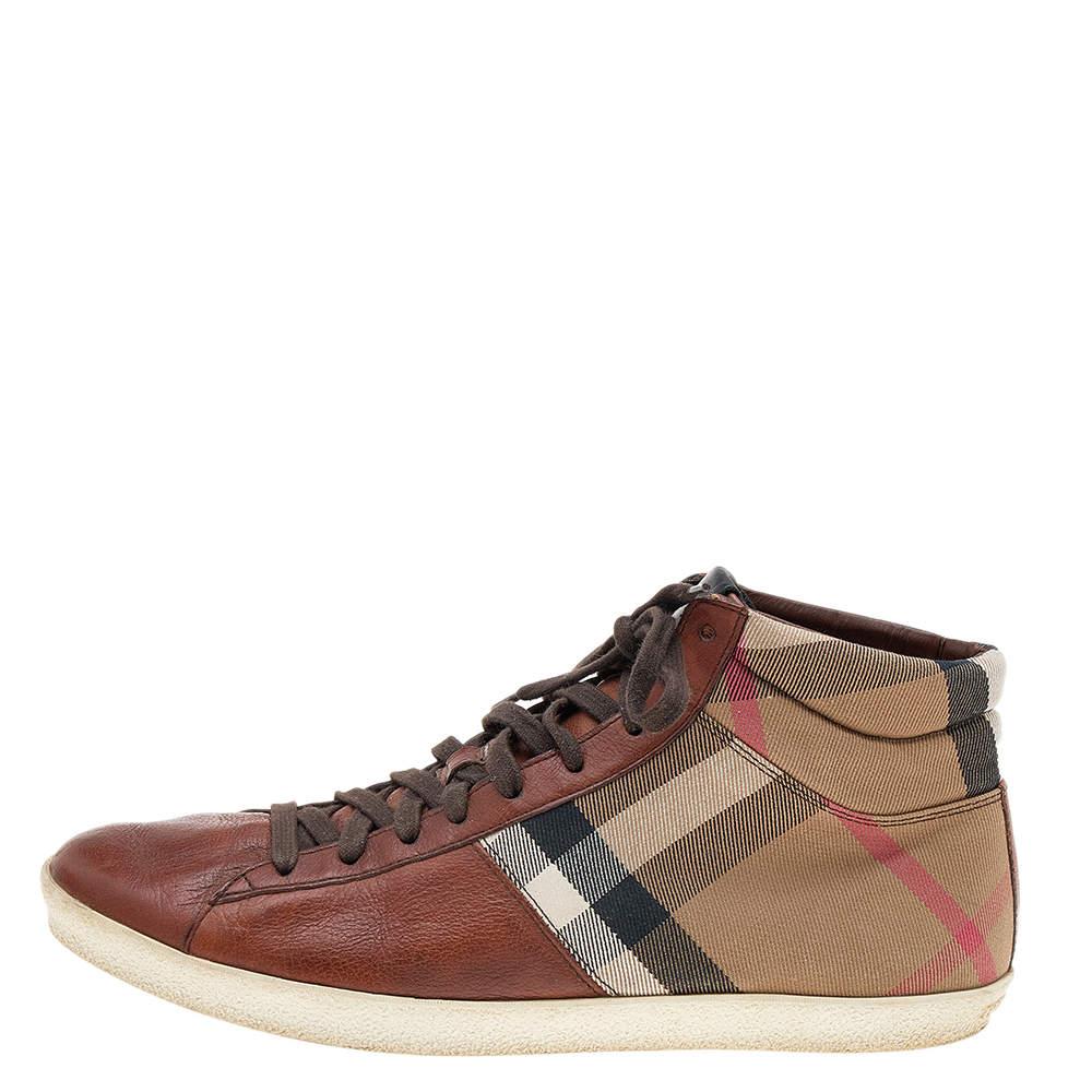 Burberry Brown Leather And Check Canvas High Top Sneakers Size 44 For Sale 2
