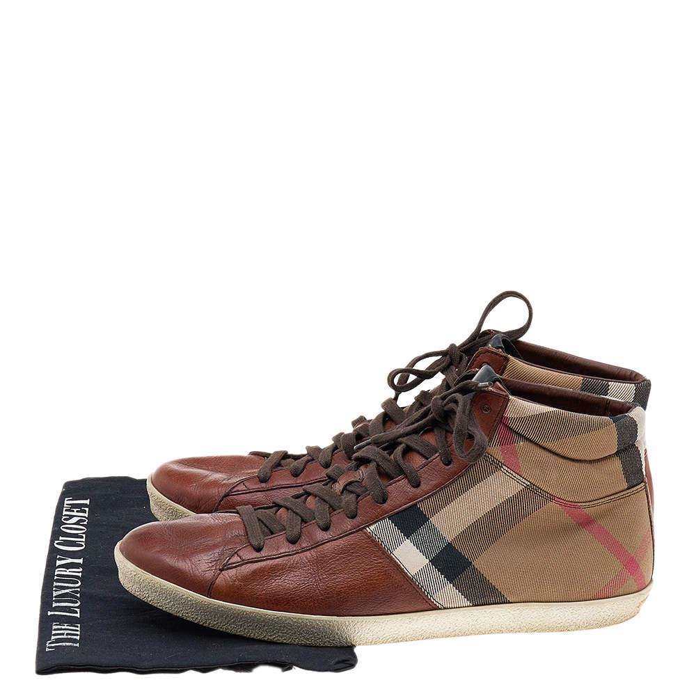 Burberry Brown Leather And Check Canvas High Top Sneakers Size 44 For Sale 4